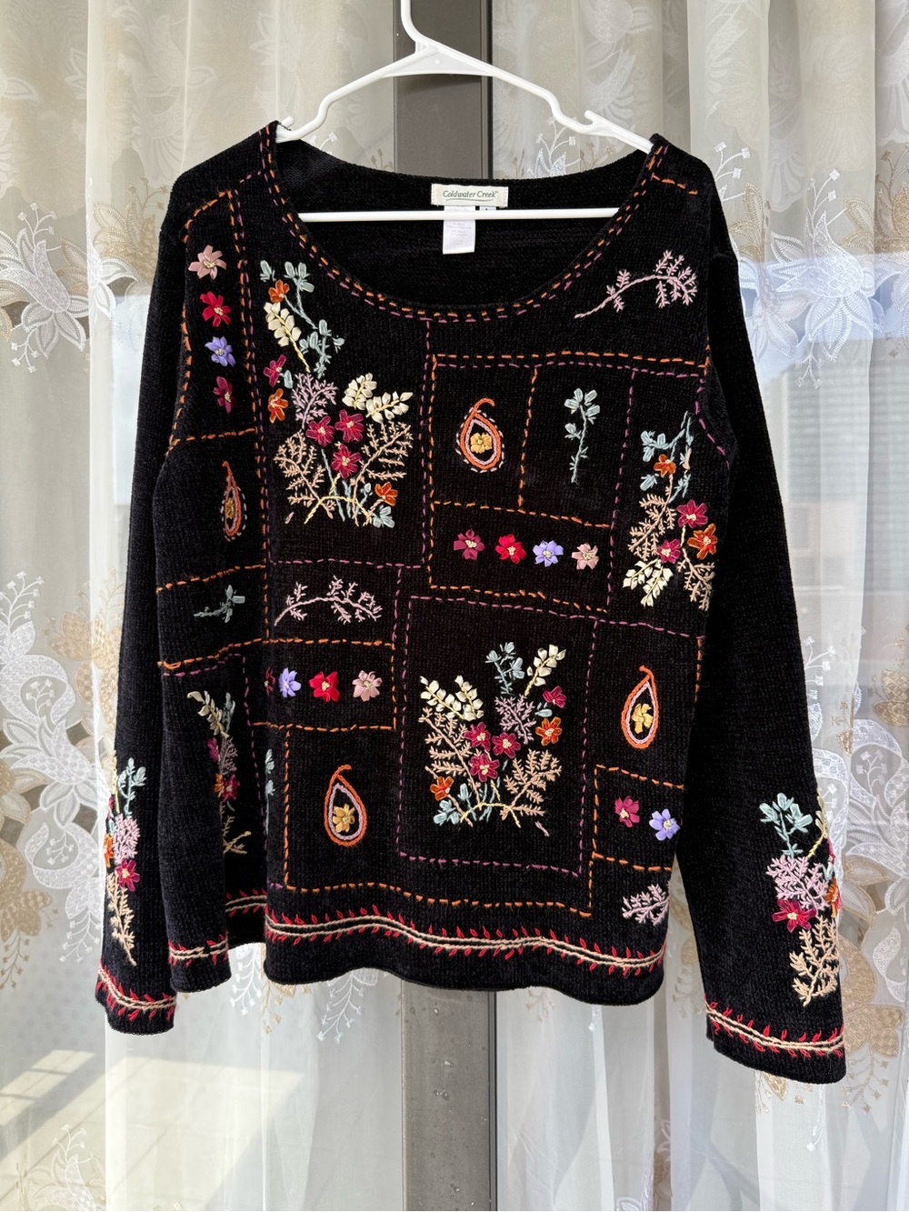 VTG Coldwater Creek Embroidered Floral Knit Sweater Boho Cottagecore L